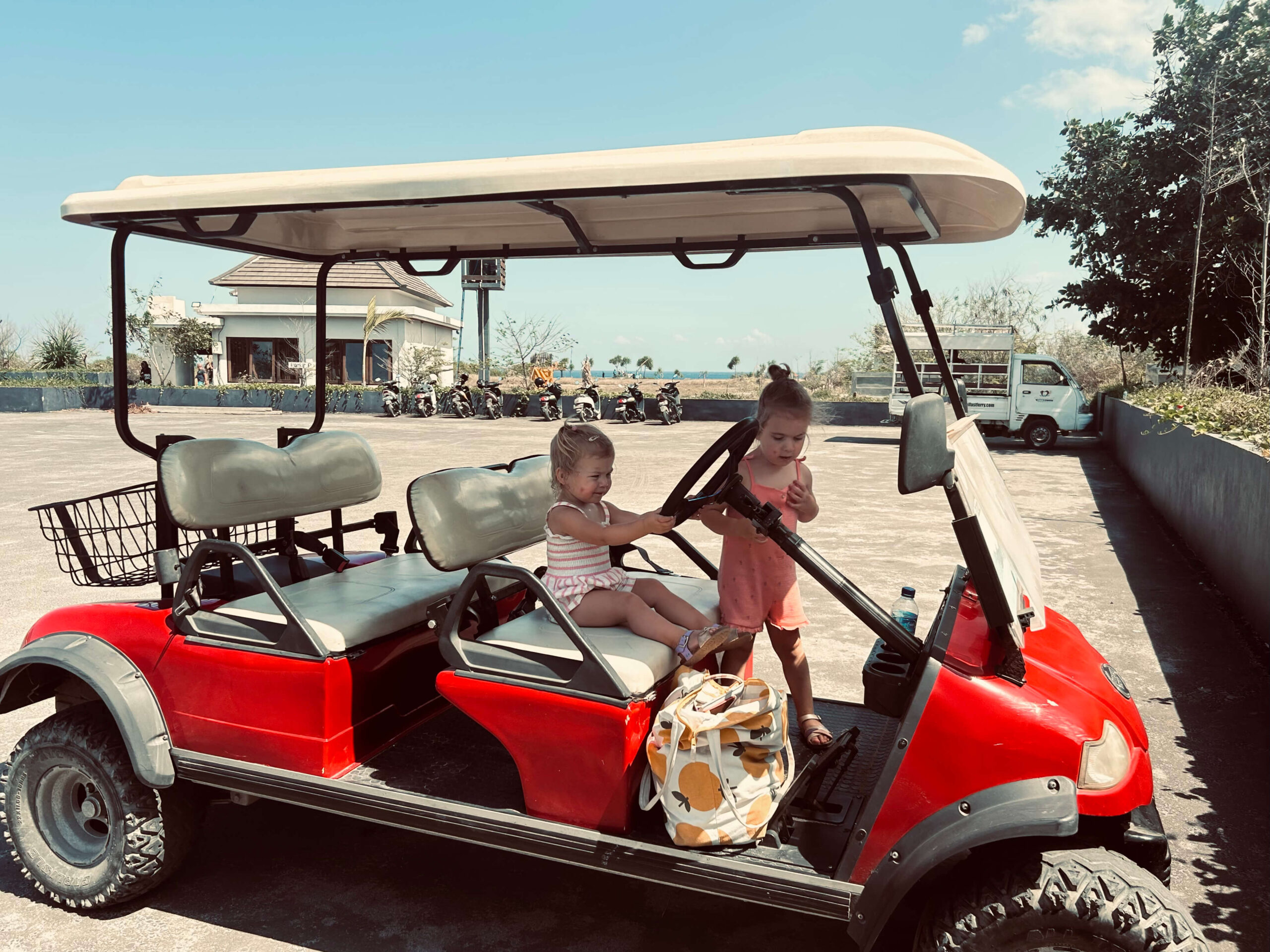 Renting a golf cart on Lembongan with kids