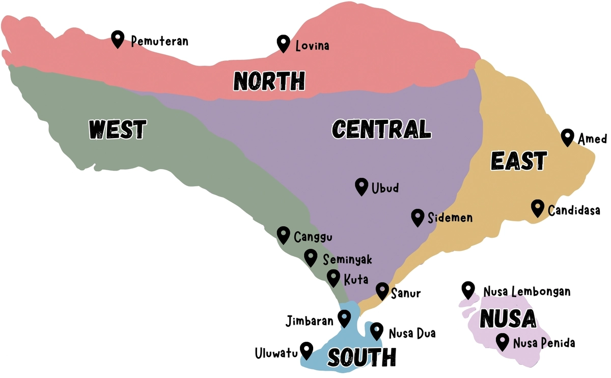 Map of the best places to stay in Bali with kids, including Sanur, Ubud, Nusa Dua, Canggu, Uluwatu, Lovina, Amed, Sidemen, Jimbaran, Seminyak, Kuta, Candidasa, Nusa Lembongan, and Nusa Penida.