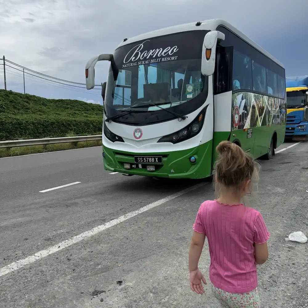 Taking the bus from Sandakan to Kinabatangan with kids