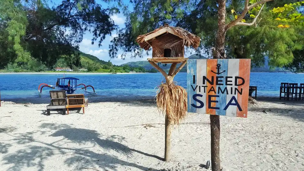 Calm sandy beach on Gili Gede with clear blue water and palm trees in Southwest Lombok