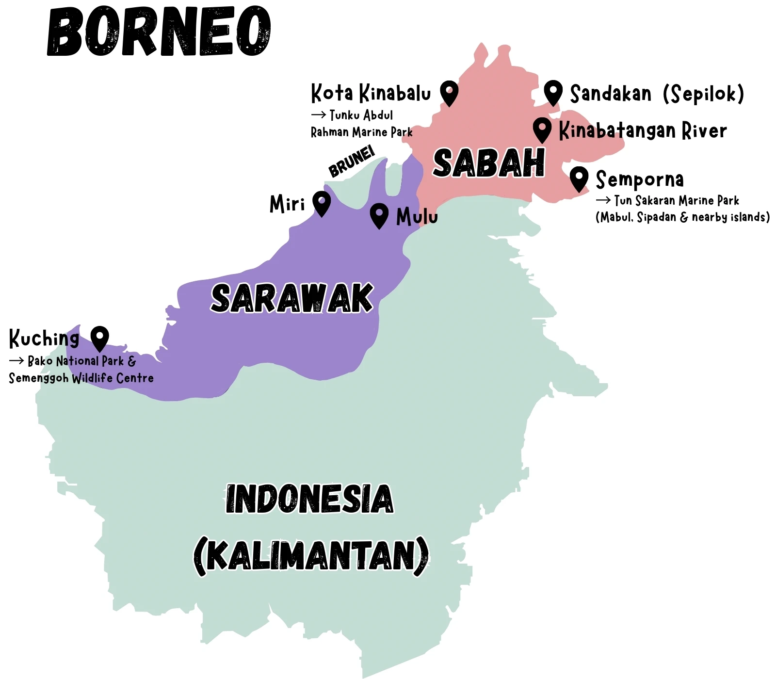 Borneo map for families with kids showing best places in Sabah and Sarawak including Sepilok, Kinabatangan River and Semporna