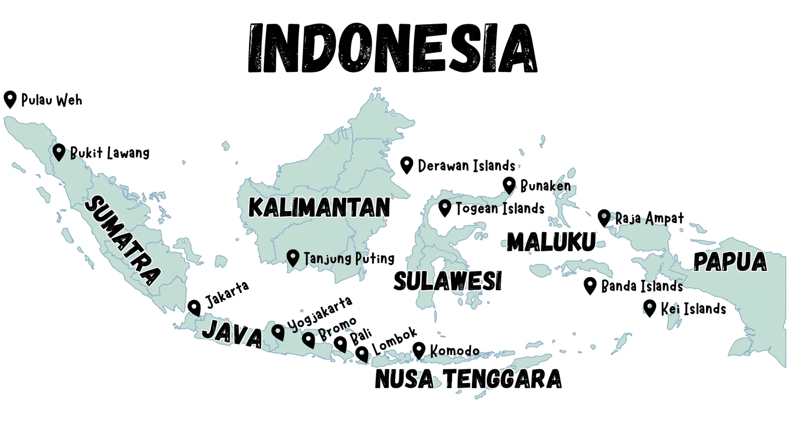 Map of family-friendly islands across Indonesia including Bali, Komodo, Sumatra and Raja Ampat