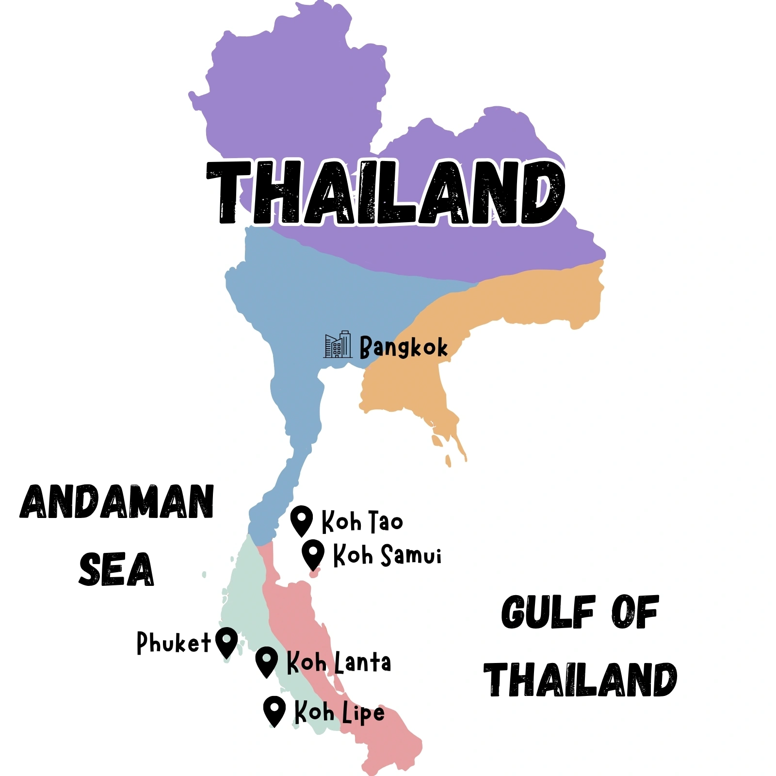 Map of the best islands in Thailand with kids including Phuket Koh Lanta Koh Samui Koh Tao and Koh Lipe