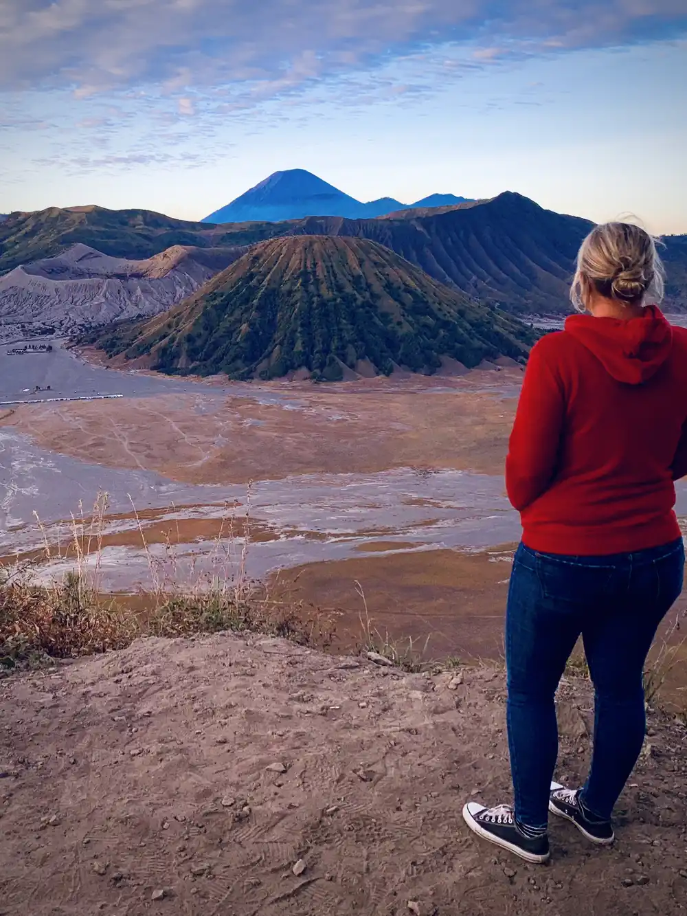 Traveler at Mount Bromo volcano viewpoint Java