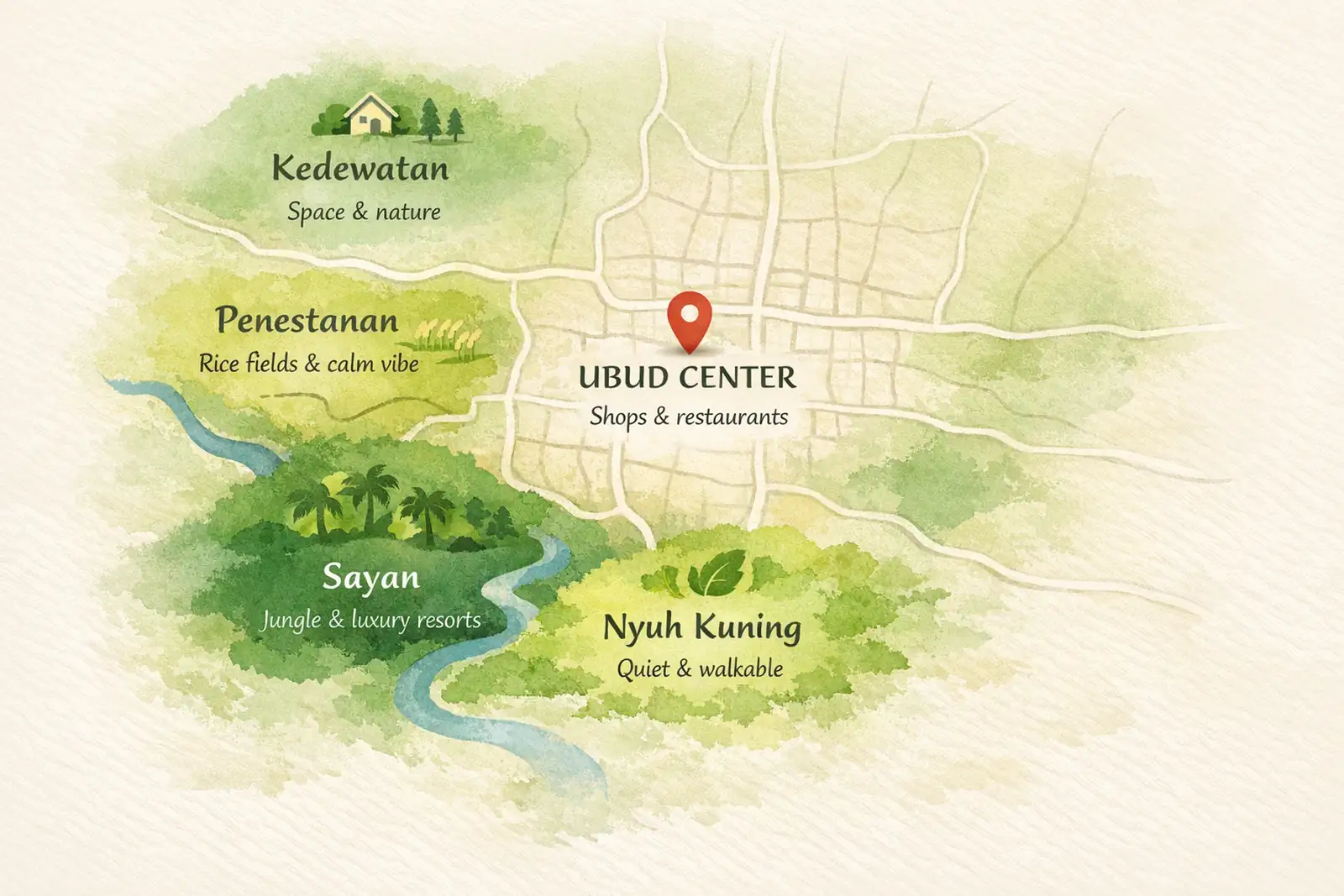Map showing the best areas to stay in Ubud with kids including Nyuh Kuning, Penestanan, Sayan, Kedewatan and Ubud Center.