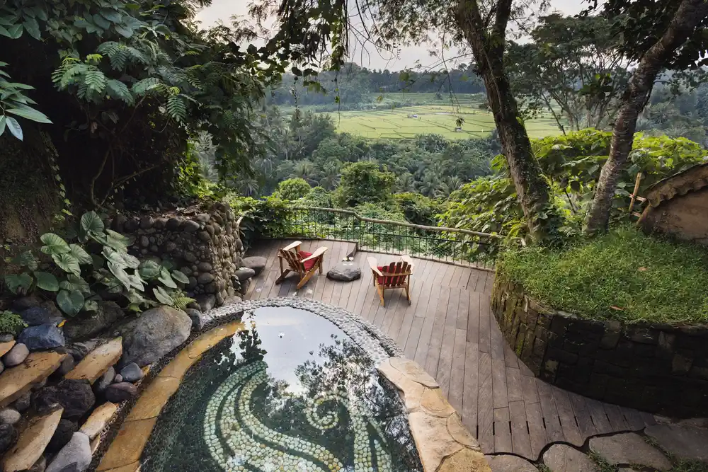 exterior view of Bambu Indah jungle resort for families near Ubud Bali