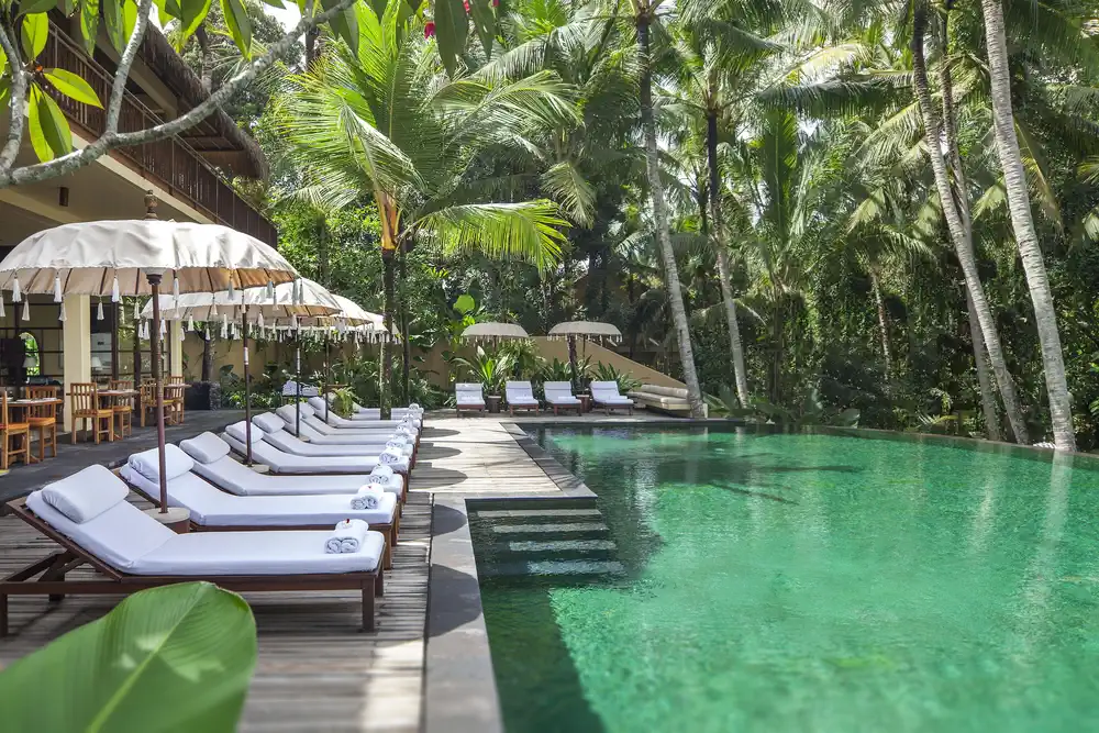exterior view of Komaneka at Rasa Sayang family hotel in central Ubud Bali