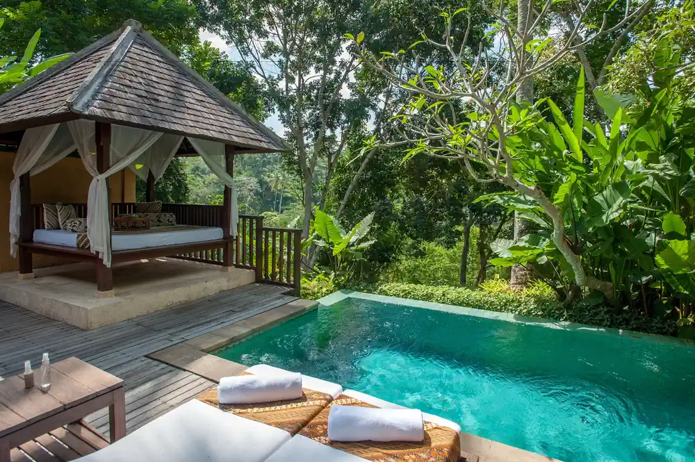 exterior view of Komaneka at Tanggayuda family villa resort near Ubud Bali