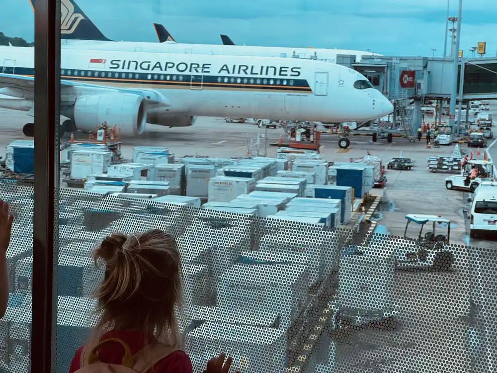Toddler watching an airplane from the airport window
