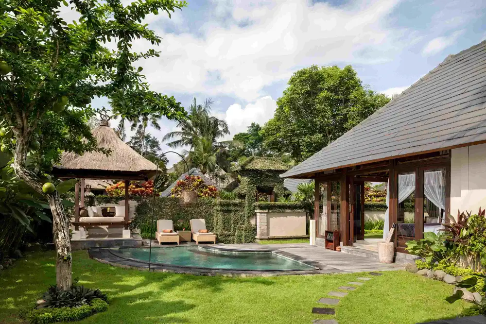 exterior view of The Ubud Village Resort & Spa family villa resort in Ubud Bali