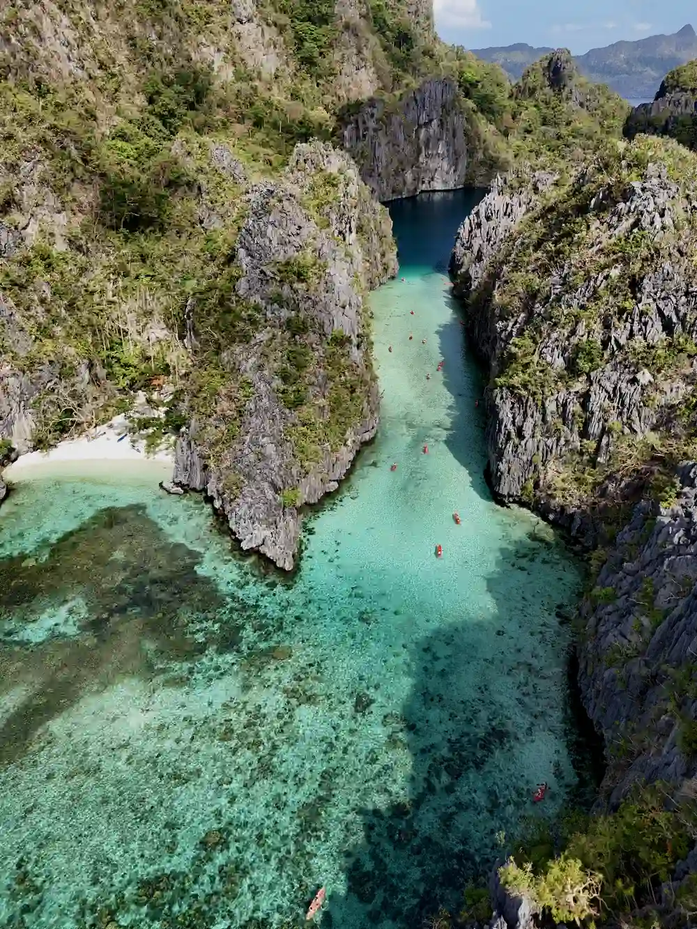 Drone view of Big Lagoon in El Nido, one of the most beautiful places in the Philippines with kids