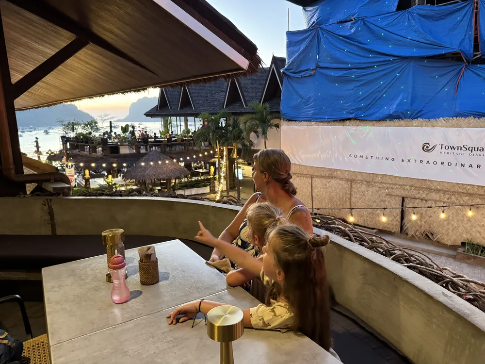 Our family having dinner at a restaurant in El Nido