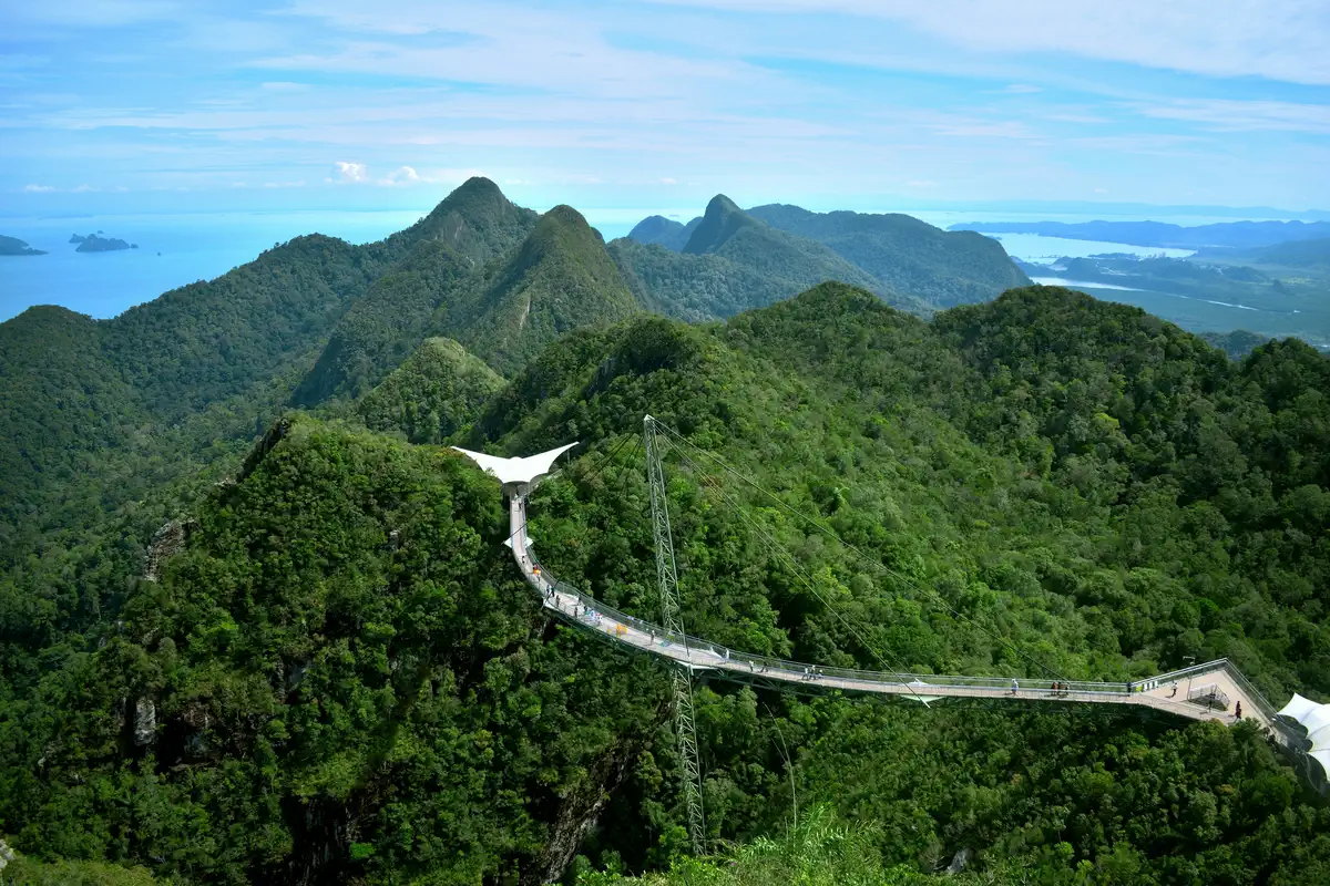 Langkawi Sky Bridge overlooking rainforest and islands in Langkawi, Malaysia