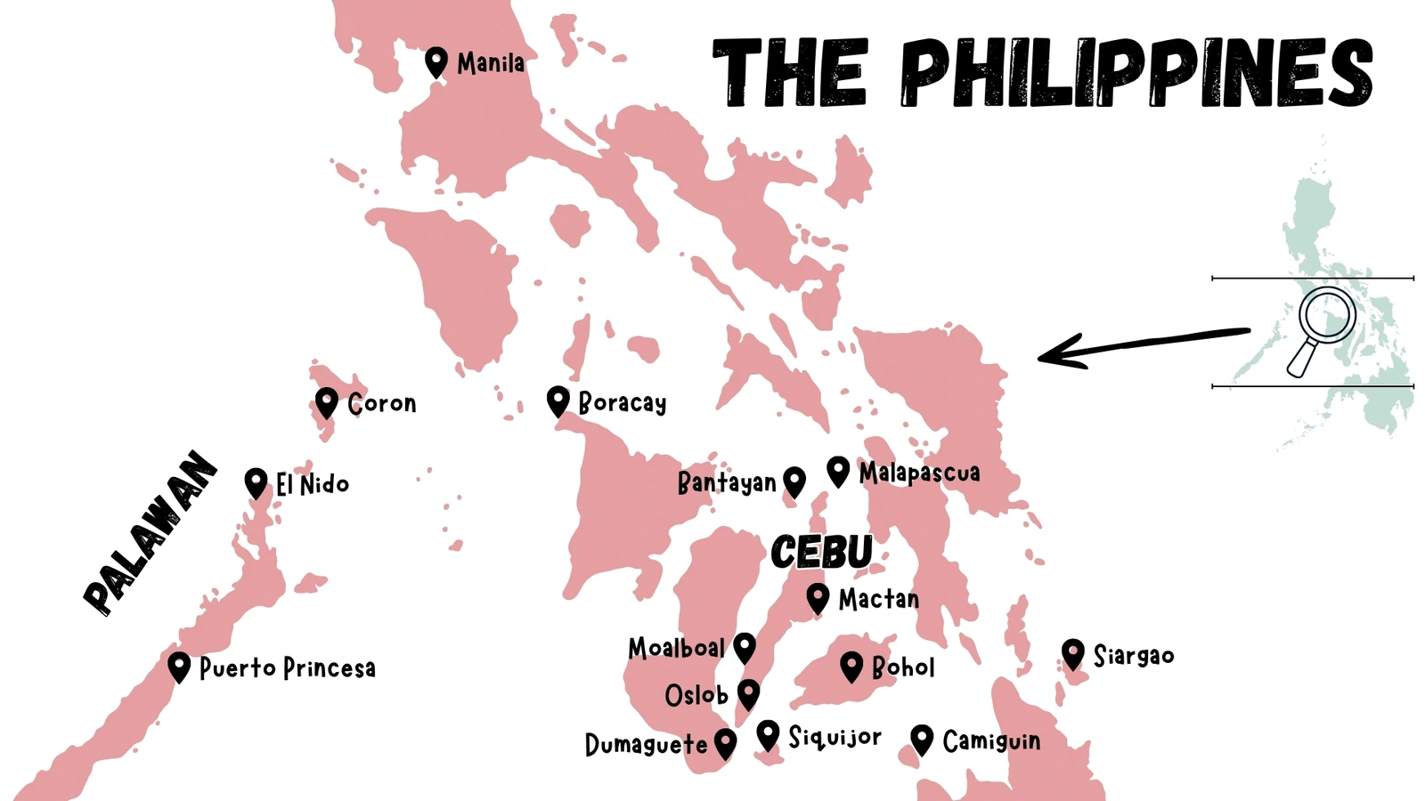 Family travel map of the Philippines showing Palawan, Cebu, Bohol, Boracay, Siargao and Siquijor