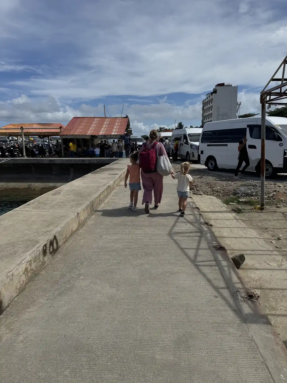 Our daughters boarding the shuttle to Jetty Port