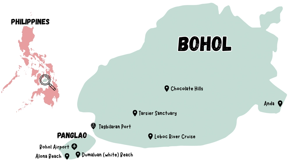 Map of Bohol showing Panglao, Alona Beach, Dumaluan Beach, Bohol Airport, Tagbilaran Port, Tarsier Sanctuary, Loboc, Chocolate Hills and Anda