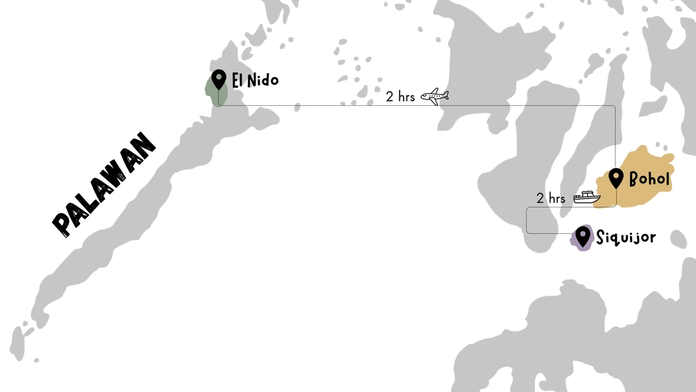 Map showing the route from Siquijor to El Nido, Philippines